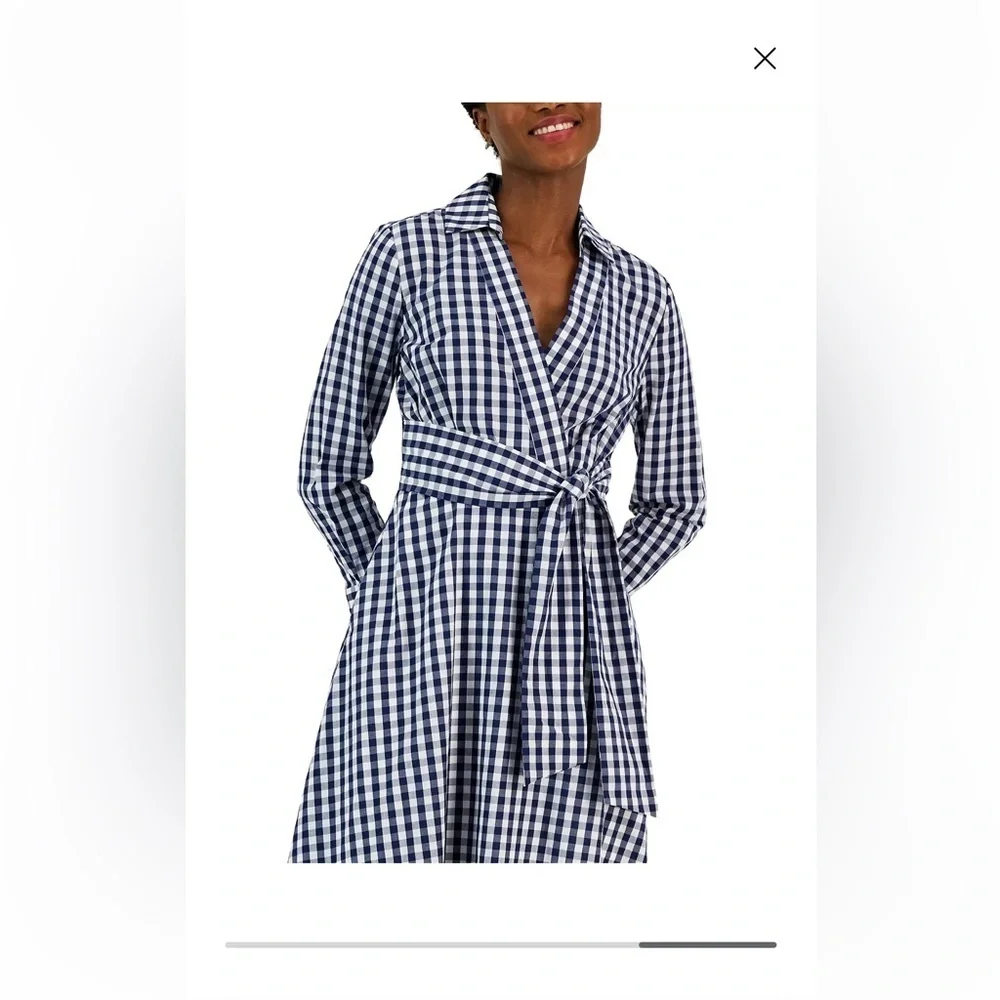 NWT Tahari Navy & White Gingham Long Sleeve Shirt Dress - Picture 10 of 15